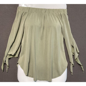 Alya Vintage Off Shoulder Tie Sleeve Top XS Olive Green Blouse Made in USA
